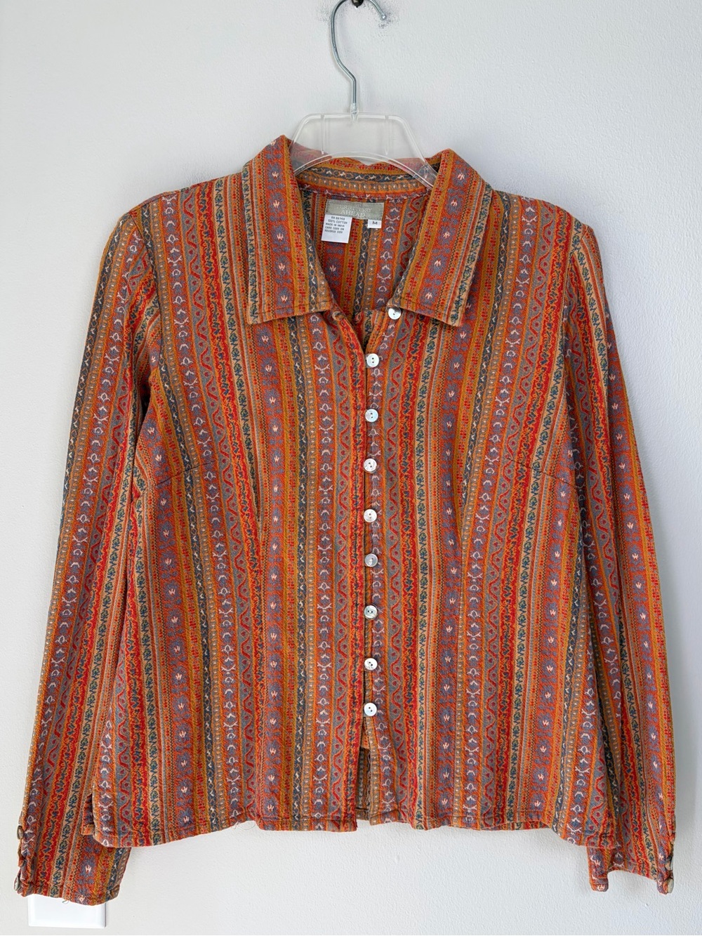 The Territory Ahead Boho Orange Striped Cotton Mother of Pearl Button Up Shirt